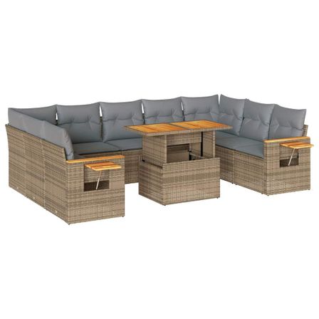 Salon de jardin avec coussins 10pcs beige résine tressée acacia