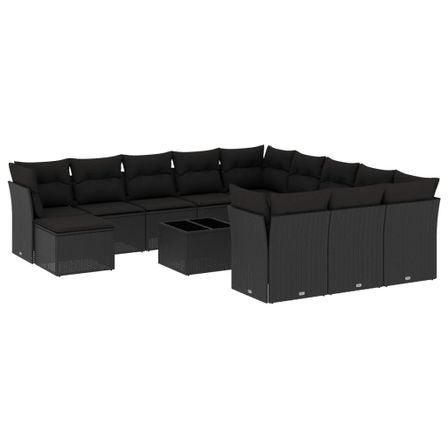 Salon de jardin avec coussins 13 pcs noir résine tressée