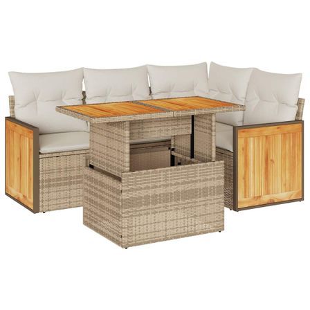 Salon de jardin avec coussins 5 pcs beige résine tressée acacia