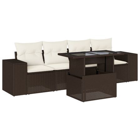 Salon de jardin avec coussins 5 pcs marron résine tressée