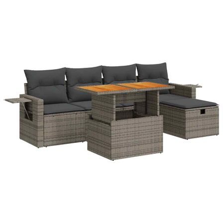 Salon de jardin avec coussins 6 pcs gris résine tressée acacia