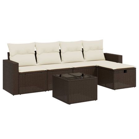 Salon de jardin avec coussins 6 pcs marron résine tressée
