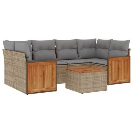 Salon de jardin avec coussins 7 pcs beige résine tressée