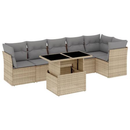 Salon de jardin avec coussins 7 pcs beige résine tressée