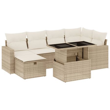 Salon de jardin avec coussins 7 pcs beige résine tressée