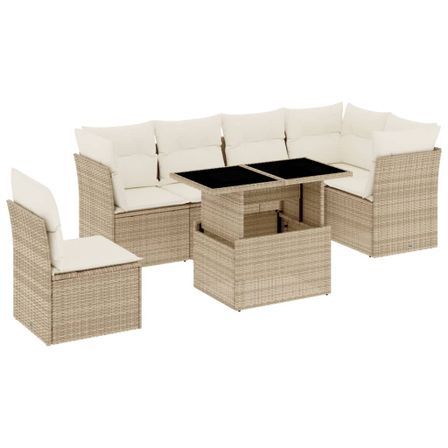 Salon de jardin avec coussins 7 pcs beige résine tressée