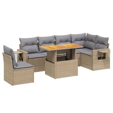 Salon de jardin avec coussins 7 pcs beige résine tressée