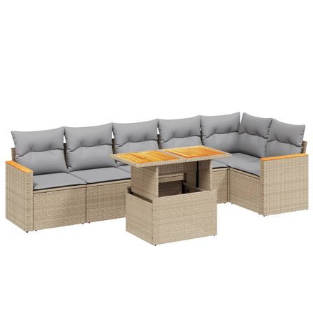 Salon de jardin avec coussins 7 pcs beige résine tressée