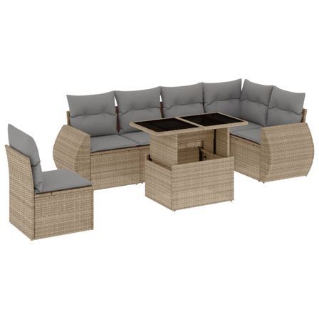 Salon de jardin avec coussins 7 pcs beige résine tressée
