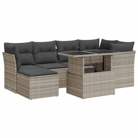 Salon de jardin avec coussins 7 pcs gris clair résine tressée