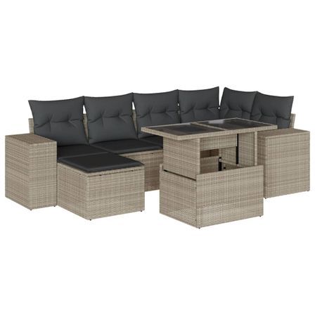 Salon de jardin avec coussins 7 pcs gris clair résine tressée