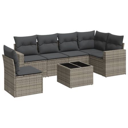 Salon de jardin avec coussins 7 pcs gris résine tressée