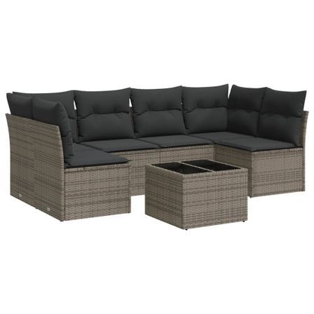 Salon de jardin avec coussins 7 pcs gris résine tressée