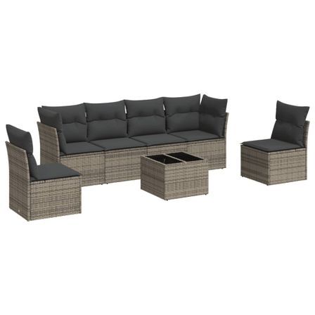 Salon de jardin avec coussins 7 pcs gris résine tressée
