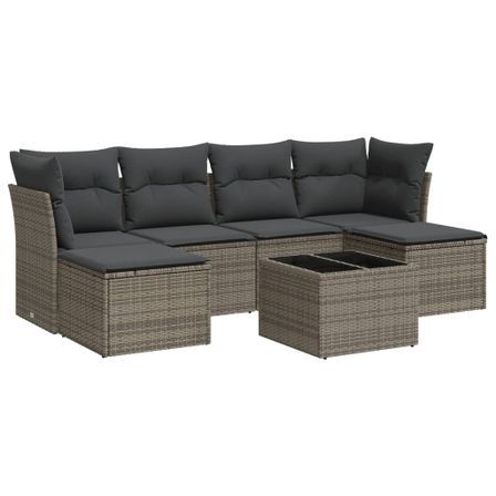 Salon de jardin avec coussins 7 pcs gris résine tressée