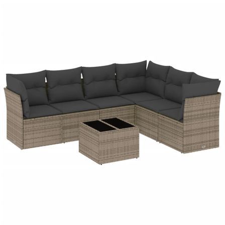 Salon de jardin avec coussins 7 pcs gris résine tressée