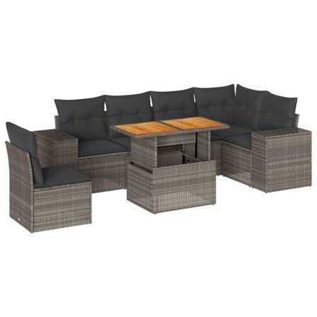 Salon de jardin avec coussins 7 pcs gris résine tressée