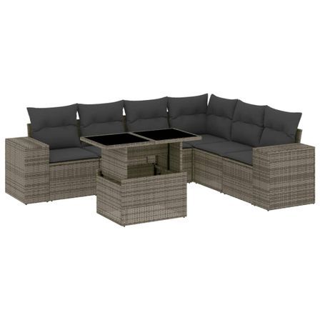 Salon de jardin avec coussins 7 pcs gris résine tressée