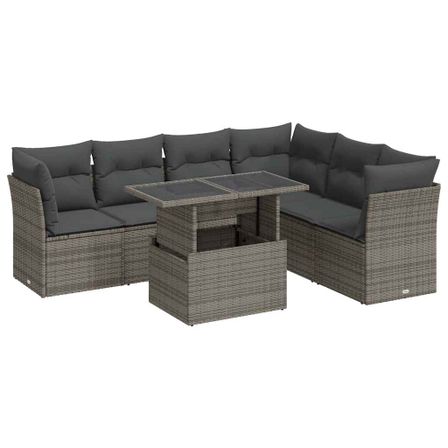 Salon de jardin avec coussins 7 pcs gris résine tressée