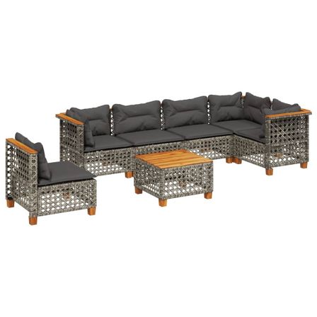 Salon de jardin avec coussins 7 pcs gris résine tressée