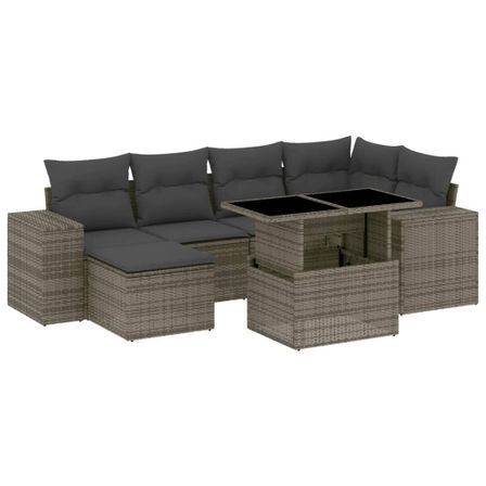Salon de jardin avec coussins 7 pcs gris résine tressée