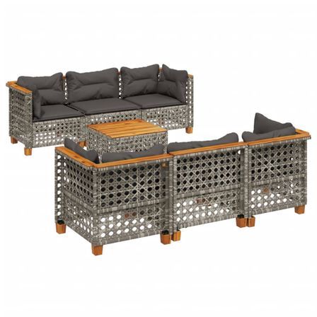 Salon de jardin avec coussins 7 pcs gris résine tressée