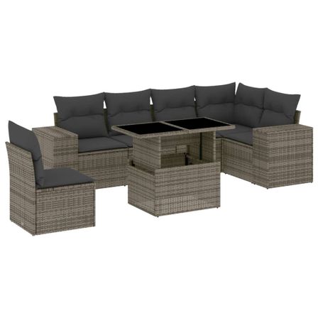 Salon de jardin avec coussins 7 pcs gris résine tressée