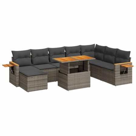 Salon de jardin avec coussins 7 pcs gris résine tressée acacia
