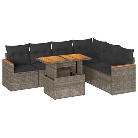 Salon de jardin avec coussins 7 pcs gris résine tressée acacia