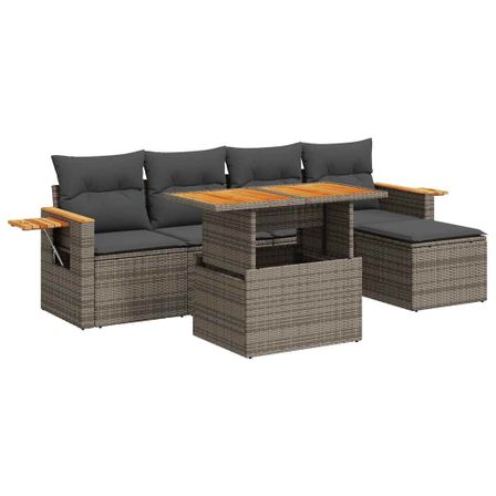 Salon de jardin avec coussins 7 pcs gris résine tressée acacia