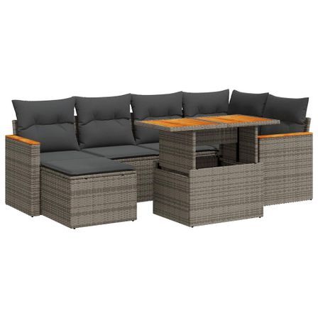 Salon de jardin avec coussins 7 pcs gris résine tressée acacia