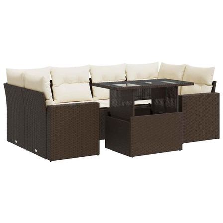 Salon de jardin avec coussins 7 pcs marron résine tressée
