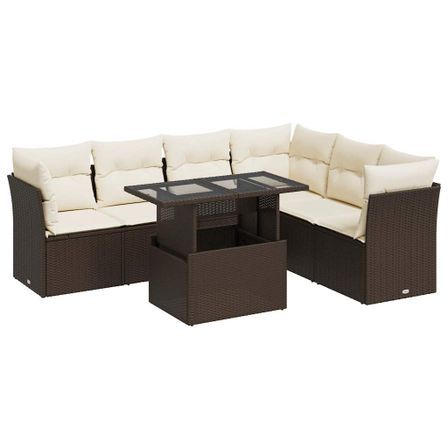 Salon de jardin avec coussins 7 pcs marron résine tressée