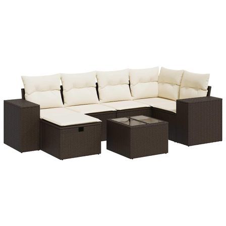 Salon de jardin avec coussins 7 pcs marron résine tressée