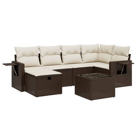 Salon de jardin avec coussins 7 pcs marron résine tressée