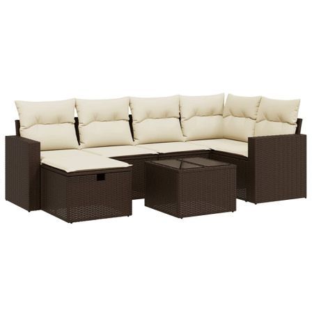 Salon de jardin avec coussins 7 pcs marron résine tressée