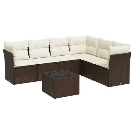 Salon de jardin avec coussins 7 pcs marron résine tressée