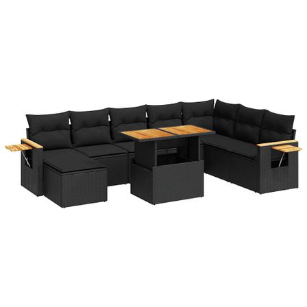Salon de jardin avec coussins 7 pcs noir résine tressée acacia