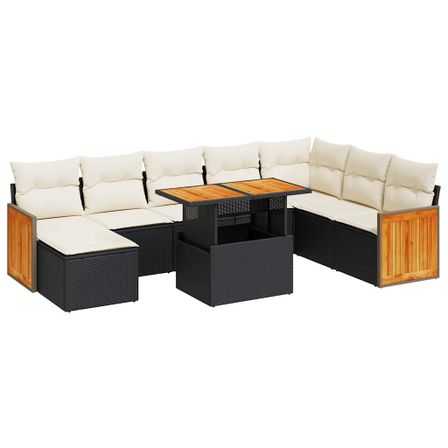 Salon de jardin avec coussins 7 pcs noir résine tressée acacia