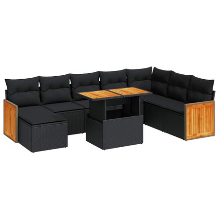 Salon de jardin avec coussins 7 pcs noir résine tressée acacia