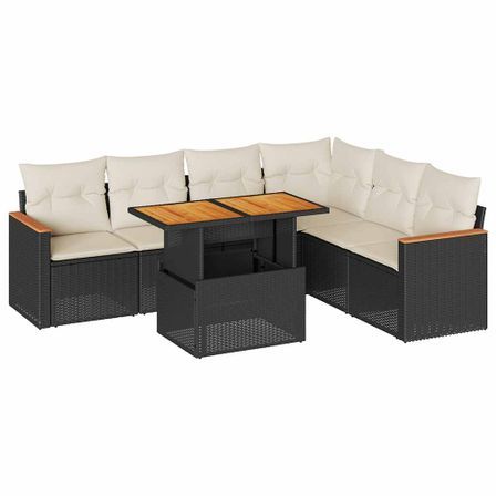 Salon de jardin avec coussins 7 pcs noir résine tressée acacia