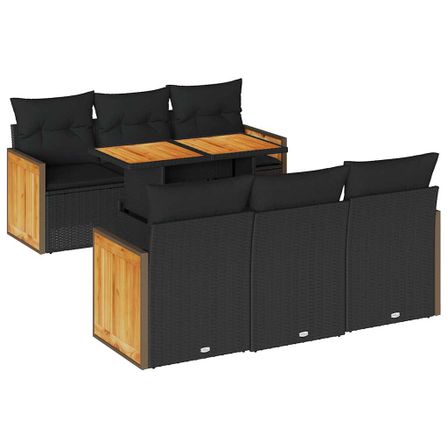 Salon de jardin avec coussins 7 pcs noir résine tressée acacia
