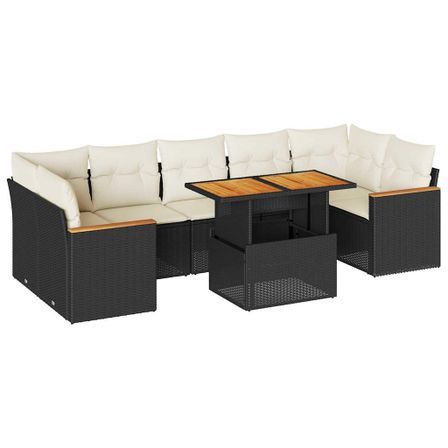 Salon de jardin avec coussins 7 pcs noir résine tressée acacia