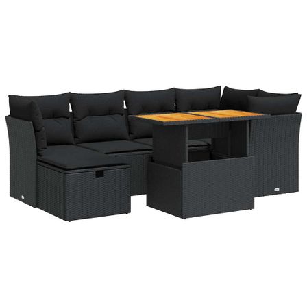 Salon de jardin avec coussins 7 pcs noir résine tressée acacia