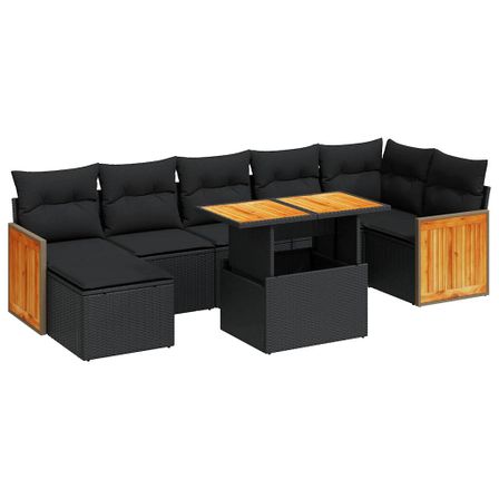 Salon de jardin avec coussins 7 pcs noir résine tressée acacia