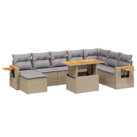 Salon de jardin avec coussins 8 pcs beige résine tressée
