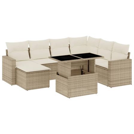 Salon de jardin avec coussins 8 pcs beige résine tressée