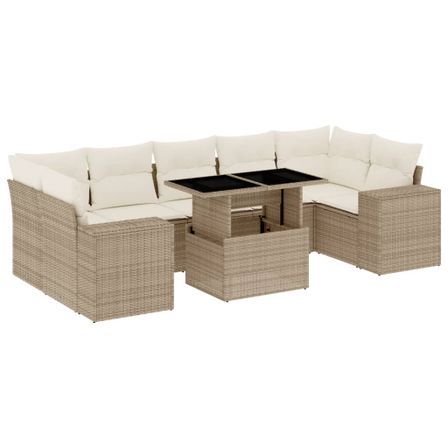 Salon de jardin avec coussins 8 pcs beige résine tressée