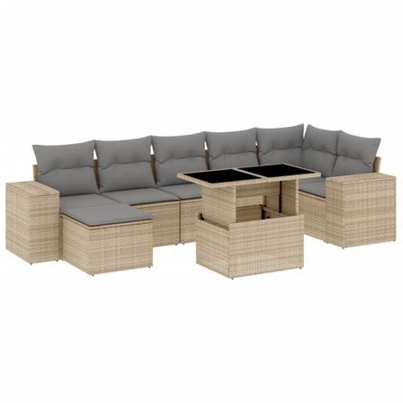 Salon de jardin avec coussins 8 pcs beige résine tressée