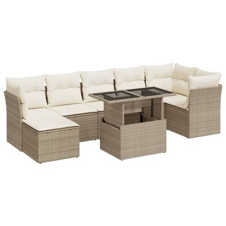 Salon de jardin avec coussins 8 pcs beige résine tressée